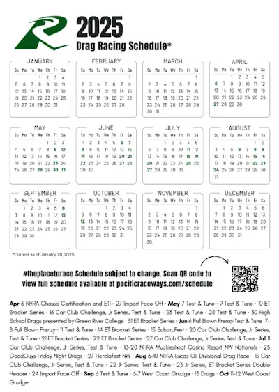 2025 Printable Drag Schedule at Pacific Raceways