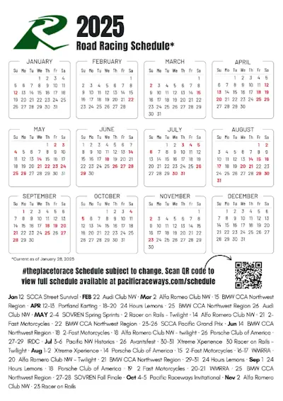 2025 Printable Road Race Schedule at Pacific Raceways